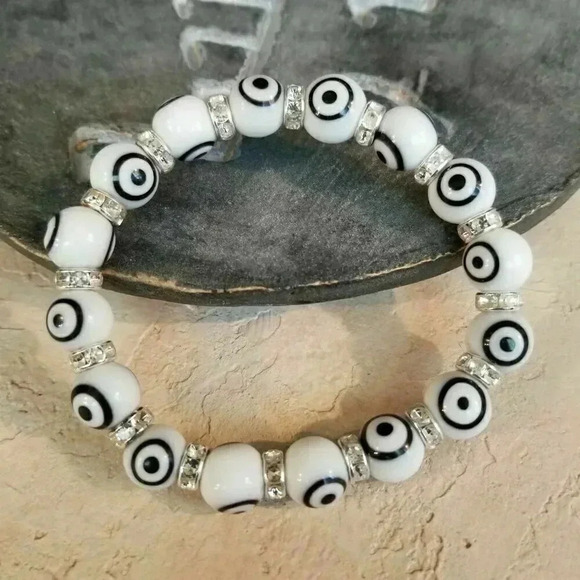 Handmade White Black Turkish Evil Eye Glass & Egyptian Crystal Talisman Bracelet - Picture 4 of 4